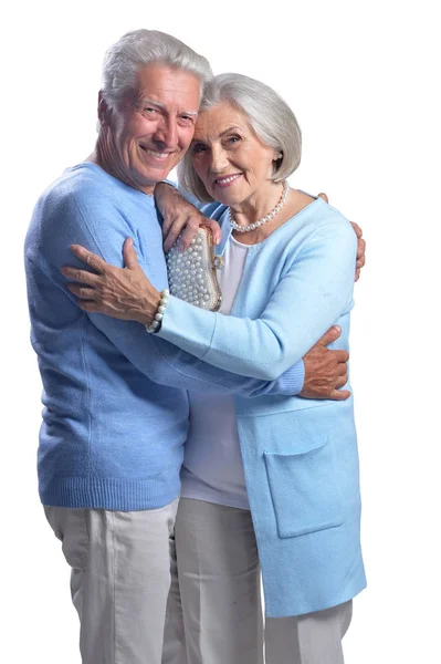 Šťastný Starší Pár Objímající Izolovaný Bílém Pozadí — Stock fotografie