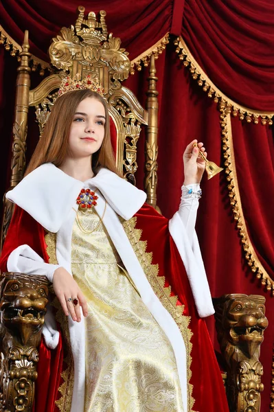 Portrait Beautiful Princess Crown Holding Hand Bell While Sitting Vintage — Stock Photo, Image