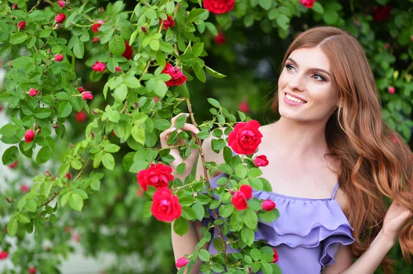 Retrato Una Hermosa Joven Posando Con Rosas — Foto de Stock