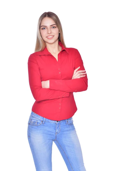 Portret Van Mooie Vrouw Jeans Roze Blouse Poseren Geïsoleerd Wit — Stockfoto