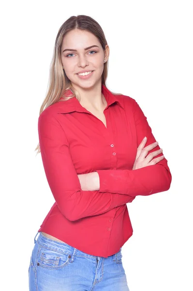 Portrait Beautiful Woman Jeans Pink Blouse Posing Isolated White — Stock Photo, Image