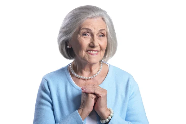 Sorridente Donna Anziana Isolata Sfondo Bianco — Foto Stock