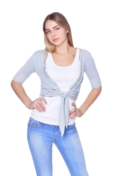 Portrait Beautiful Woman Wearing Casual Clothing Posing Isolated White Royalty Free Stock Photos