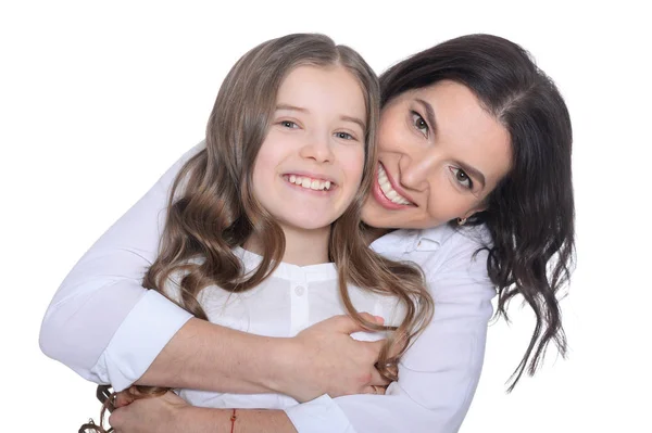 Gelukkige Moeder Dochter Poseren Witte Achtergrond — Stockfoto