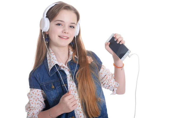 Happy Little Girl Jeans Jacket Listening Music Smartphone Isolated White — Stock Photo, Image