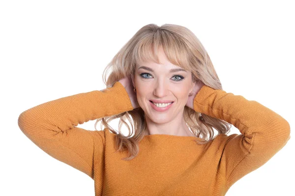 Retrato Hermosa Mujer Feliz Posando Aislado Blanco — Foto de Stock