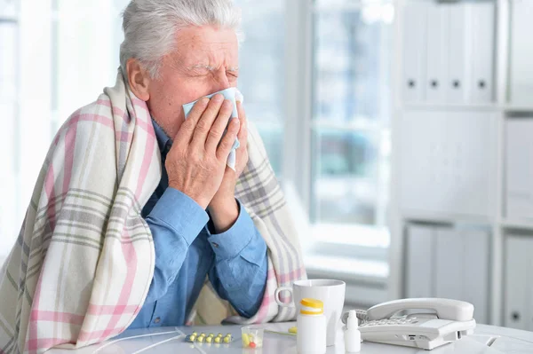 Portrait Sad Sick Senior Man Medicine — Stock Photo, Image