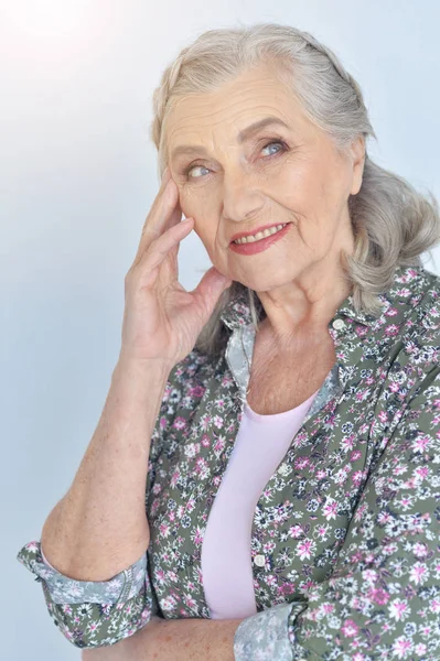 Ritratto Ravvicinato Donna Anziana Felice Casa — Foto Stock