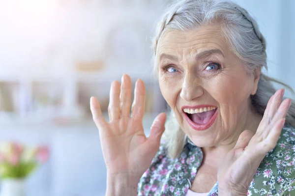 Närbild Porträtt Happy Senior Kvinna Hemma — Stockfoto