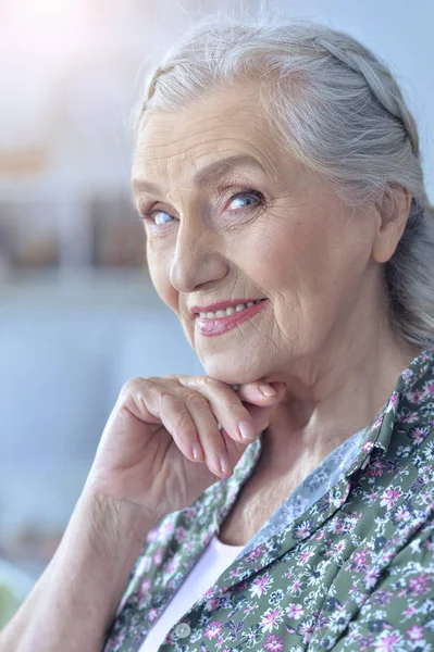 Close Portrait Happy Senior Woman Home — Stock Photo, Image