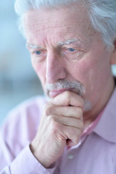 Close Portrait Thoughtful Senior Man Home — Stock Photo, Image