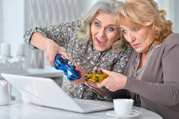 Duas Mulheres Seniores Usando Laptop Casa Jogando Jogo — Fotografia de Stock