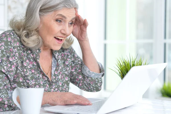 Счастливая Пожилая Женщина Использует Ноутбук Дома — стоковое фото