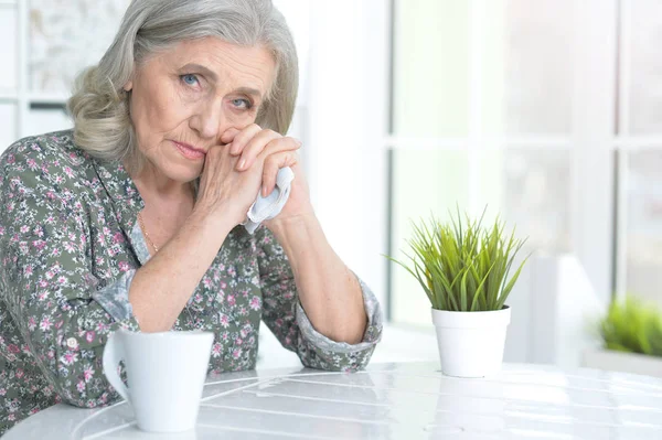 Sick Senior Woman Sitting Table Home — Stock Photo, Image