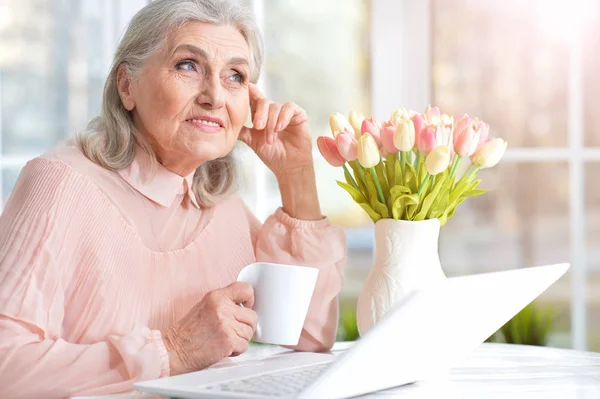Glad Äldre Kvinna Som Använder Bärbar Dator Hemma — Stockfoto