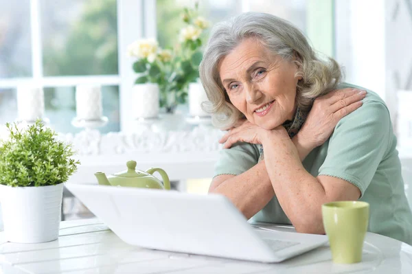 有手提电脑的老年妇女 — 图库照片