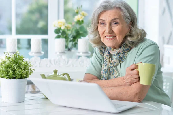 Senior kvinna med bärbar dator — Stockfoto