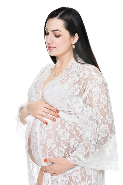 Smuk Gravid Kvinde Poserer Isoleret Hvid Baggrund - Stock-foto