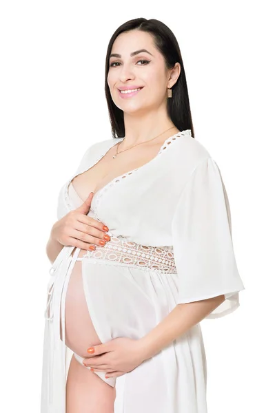 Schöne Schwangere Frau Posiert Isoliert Auf Weißem Hintergrund — Stockfoto