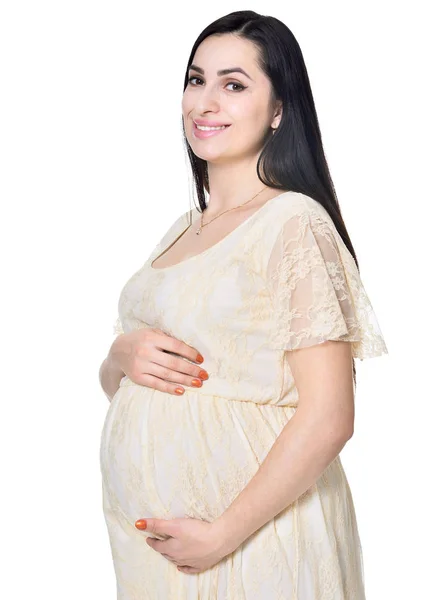 美丽的怀孕妇女摆在白色背景上被隔离 — 图库照片