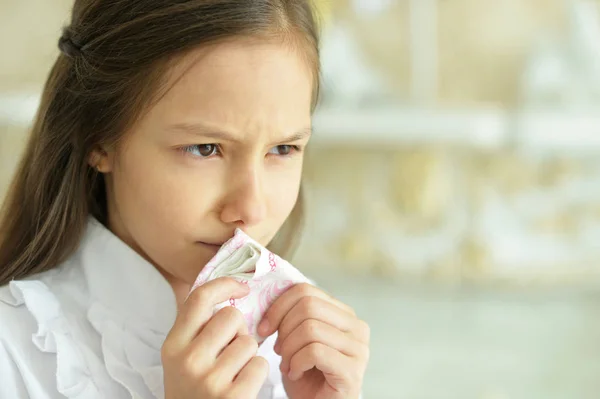 Portrait Sick Little Girl Holding Handkerchief — Stock Photo, Image