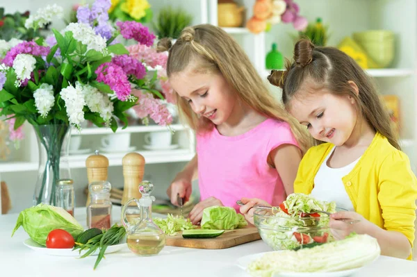 Cute Girls Preparing Delicious Fresh Salad Kitchen — Stock Photo, Image