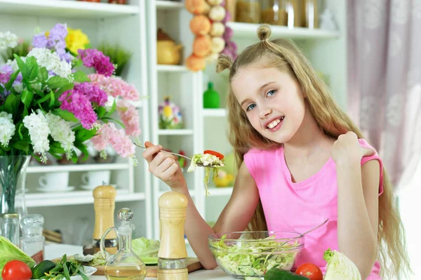 Cute Girl Eating Delicious Fresh Salad Kitchen — Stock Photo, Image