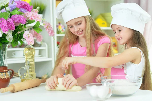 Cute Little Girls Chefs Hats Making Dough Kitchen Home — Stock Photo, Image