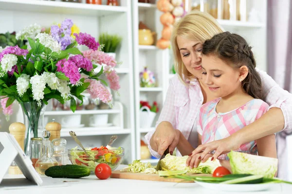 Cute Little Girl Her Mother Cooking Together Kitchen Table Tablet — Stock Photo, Image