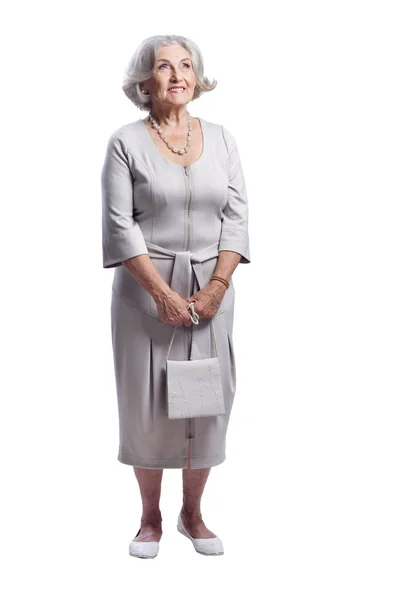 Happy Senior Woman Wearing Light Dress Posing Isolated White Background — Stock Photo, Image