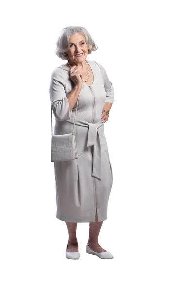 Счастливая Пожилая Женщина Светлом Платье Позирует Изолированно Белом Фоне — стоковое фото