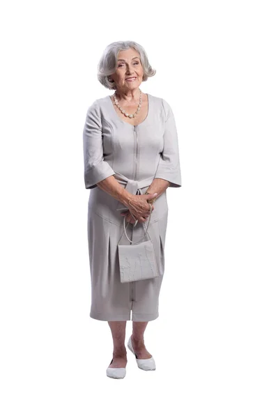 Mujer Mayor Feliz Usando Vestido Ligero Posando Aislado Sobre Fondo —  Fotos de Stock