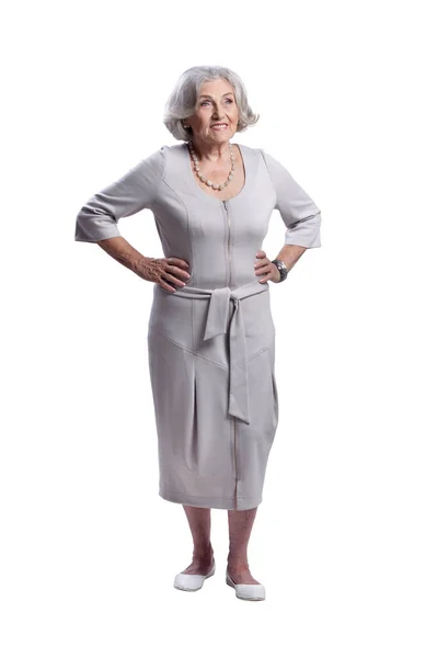 Lycklig Senior Kvinna Klädd Ljus Klänning Poserar Isolerade Vit Bakgrund — Stockfoto