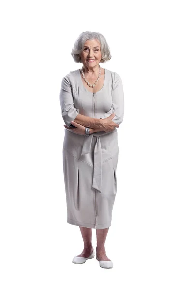 Счастливая Пожилая Женщина Светлом Платье Позирует Изолированно Белом Фоне — стоковое фото