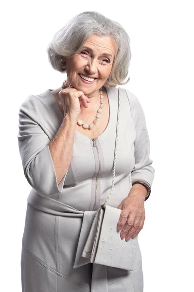 Glückliche Seniorin Hellem Kleid Posiert Isoliert Auf Weißem Hintergrund — Stockfoto