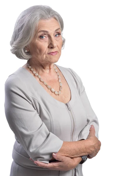Triest Senior Vrouw Geïsoleerd Witte Achtergrond — Stockfoto