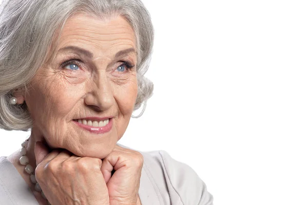 Beyaz Arka Planda Izole Edilmiş Mutlu Yaşlı Kadın — Stok fotoğraf