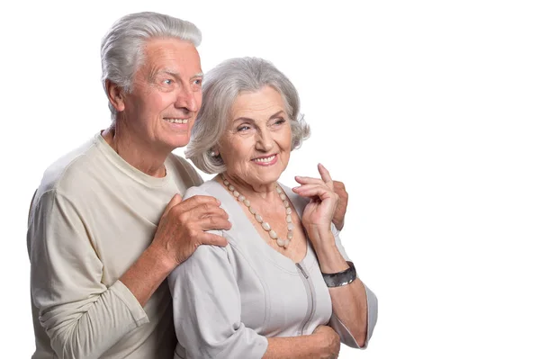 Retrato Feliz Pareja Ancianos Sobre Fondo Blanco —  Fotos de Stock