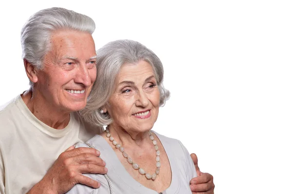 Retrato Feliz Pareja Ancianos Sobre Fondo Blanco — Foto de Stock