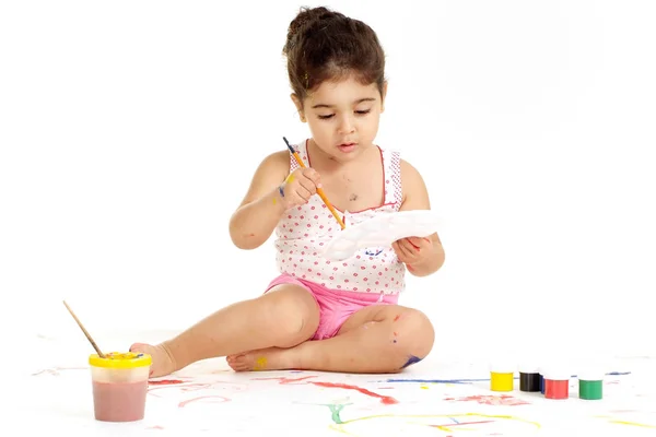 Pretty Little Girl Painting Picture White Background — Stock Photo, Image