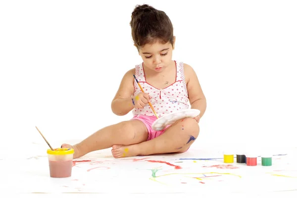 Pretty Little Girl Painting Picture White Background — Stock Photo, Image