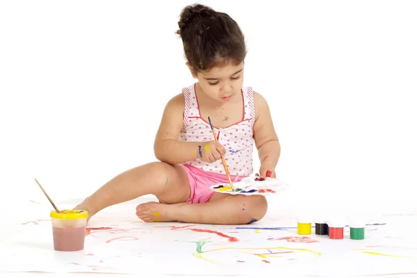 Hübsches Kleines Mädchen Malerei Bild Auf Weißem Hintergrund — Stockfoto