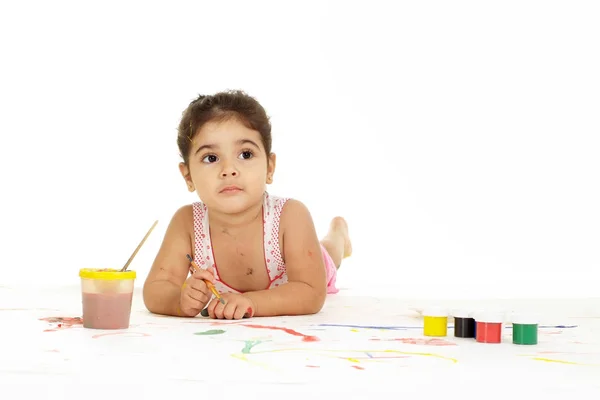 Sweet Young Girl Painting Picture White Background — Stock Photo, Image