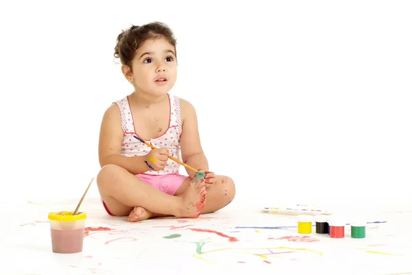 Sweet Young Girl Painting Picture White Background — Stock Photo, Image