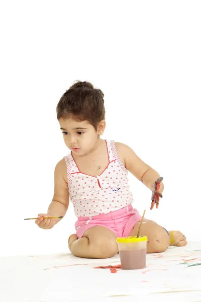 Nice Young Girl Draws Painting While Sitting Floor — Stock Photo, Image