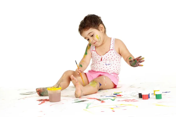 Boa Jovem Desenha Pintura Enquanto Sentado Chão — Fotografia de Stock