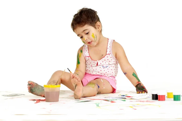 Lovely Young Girl Draws Painting While Sitting Floor — Stock Photo, Image