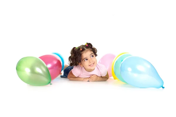 Junges Mädchen Mit Luftballons Auf Weißem Hintergrund — Stockfoto