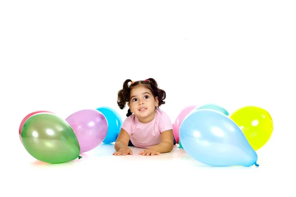 Giovane Ragazza Con Palloncini Uno Sfondo Bianco — Foto Stock