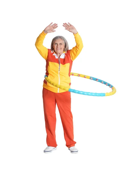 Senior Woman Posing Hoop White Background — Stock Photo, Image